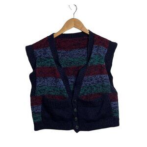 Vintage Handmade Marled Knit Striped Grandpa V-Neck Button  Up Sweater Vest